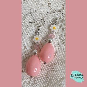Handmade Pink Easter Egg Daisy Dangle Earrings 2.5” | Spring Floral Jewelry
